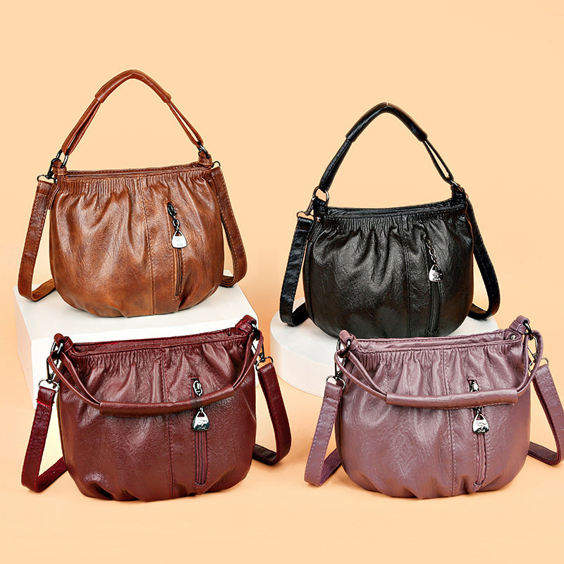 Retro Pleated Design Bucket Bag Fashion All-match Shoulder Messenger Bags For Women Handbag