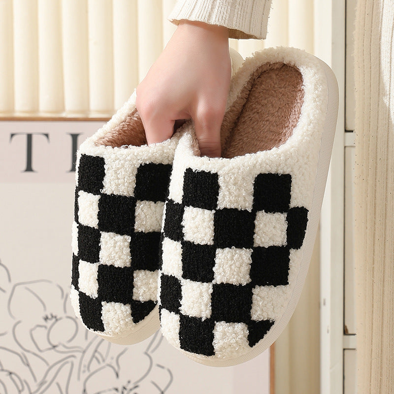 Checkerboard Print Slippers Winter House Shoes Men And Women Couple Home Floor Warm Cotton Slippers